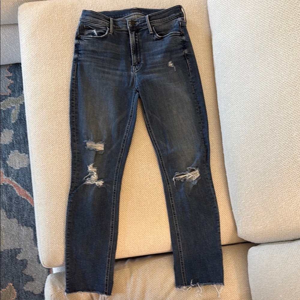 MOTHER Skinny Blue Jeans Distressed Vintage Look, The Mid Rise Dazzler